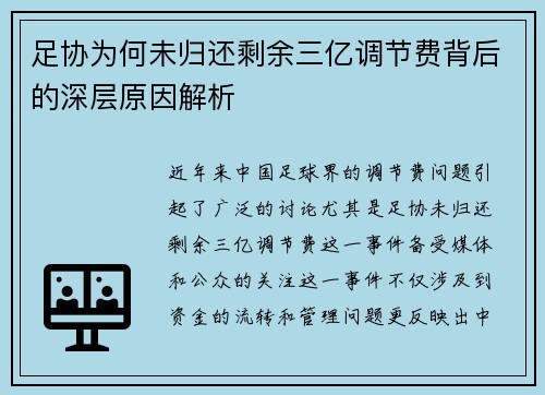 足协为何未归还剩余三亿调节费背后的深层原因解析