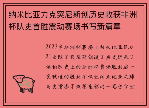 纳米比亚力克突尼斯创历史收获非洲杯队史首胜震动赛场书写新篇章